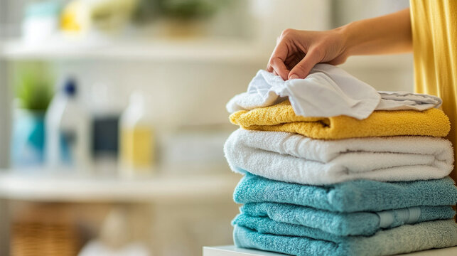 Woman’s hand neatly folding clean laundry in a bright sunlit laundry room symbolizing home organization freshness domestic care and everyday cleanliness with natural light and calm atmosphere