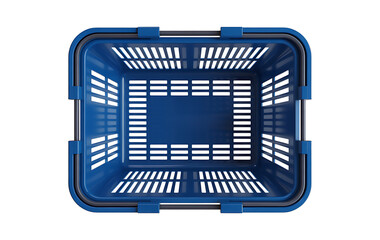 Empty plastic shopping basket on transparent background from top view realistic 3d rendering blue colored shopping cart for groceries with handles
