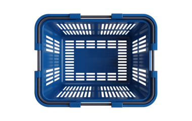 Empty plastic shopping basket on transparent background from top view realistic 3d rendering blue colored shopping cart for groceries with handles