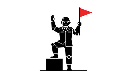 Modern soldier raising hand and holding flag on podium for leadership