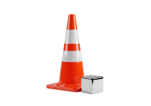 Pristine, bright orange and white plastic traffic cone with two white reflective stripes, a polished chrome cube beside it, on a seamless transparent background. Commercial product photography concept - Powered by Adobe