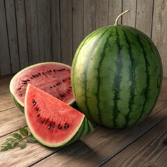 Whole and sliced watermelon placed on rustic wooden background with natural lighting