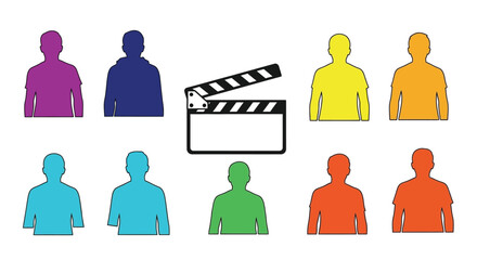 Diverse colorful team with film slate ready to make movie magic