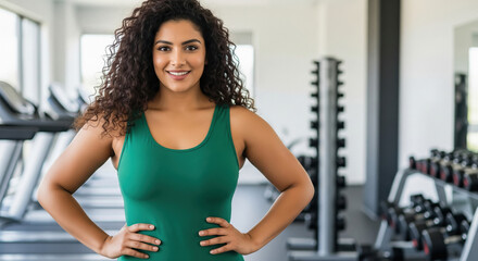 Confident woman smiling in modern gym ready for workout.