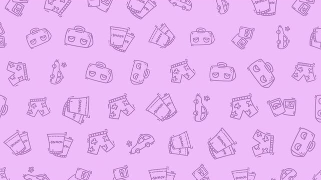 A repeating pattern of hand-drawn purple icons on a light purple background.