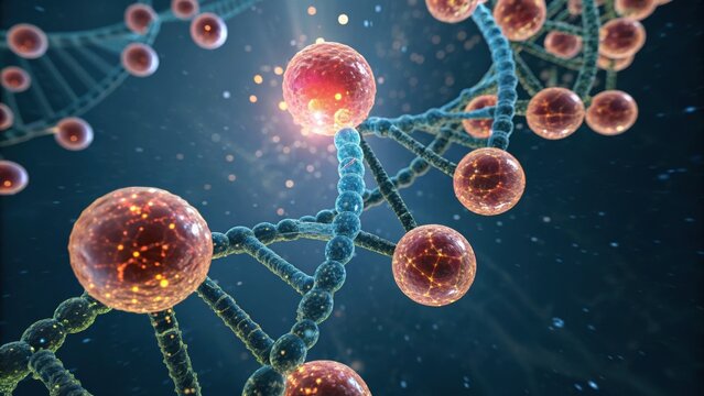 A vibrant visual of DNA strands with glowing atoms, representing the intricate building blocks of life at a molecular level.