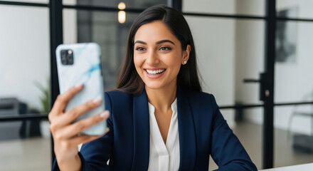Happy Indian business woman on video call in modern office