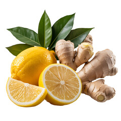 Fresh whole and sliced lemons with ginger roots and green leaves displayed together on a transparent background