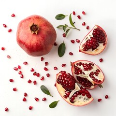 Whole and sliced pomegranate isolated on clean white background for healthy food concept