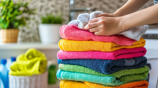 Woman’s hand neatly folding clean laundry in a bright sunlit laundry room symbolizing home organization freshness domestic care and everyday cleanliness with natural light and calm atmosphere