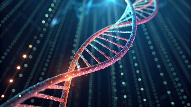 A vibrant digital representation of a DNA double helix, illuminated with particles against a dark background, symbolizing genetics and biotechnology.