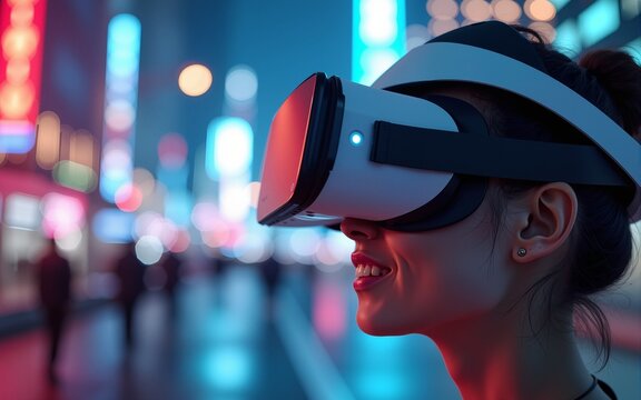 person wearing virtual reality headset interacting city metaverse possibilities offers for businesses connect customers new ways. High quality