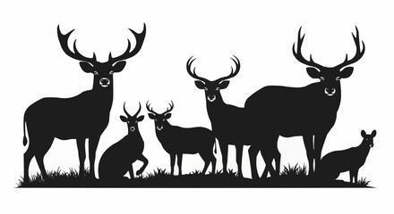 Deer Family Silhouette on Grassland Vector Illustration.