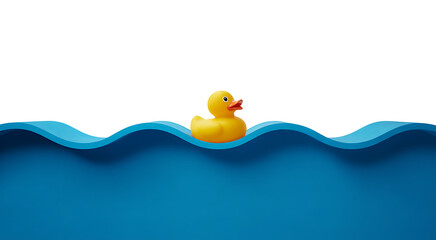 Yellow rubber duck on blue waves transparent background cute toy floating on water top view realistic 3d rendering
