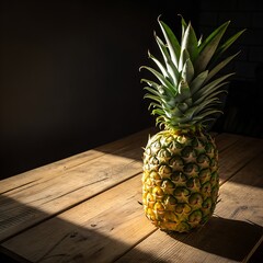 Whole ripe pineapple placed on rustic wooden table under warm lighting