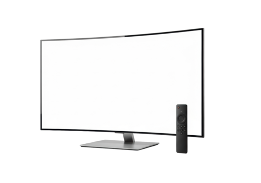 Sleek modern curved screen television with blank white display, thin black frame, stand, and matte black remote, on a clean studio, high-end technology product concept.