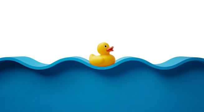 Yellow rubber duck on blue waves transparent background cute toy floating on water top view realistic 3d rendering