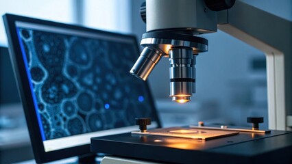 A high-tech microscope is focused on a slide, with a computer screen displaying detailed cellular images in a modern laboratory setting.