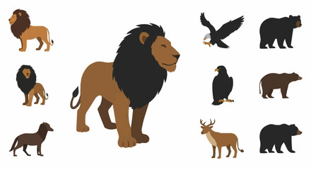 Collection of various wild animals including lions, bears, eagles, deer, and dogs.