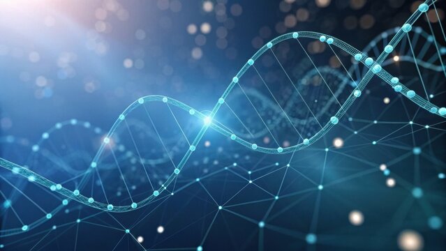 A visual representation of a DNA strand, highlighted with glowing elements and a backdrop of soft lights, symbolizing genetic science and technology.