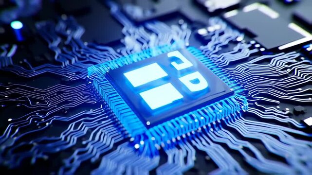 Close-up of a circuit board with glowing blue traces and a central processor chip