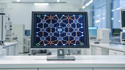 A modern computer monitor displays a complex network pattern in a sleek, high-tech laboratory environment.