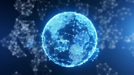 Global network, a digital representation of the Earth, with interconnected lines and glowing points forming a map, set against a dark blue background with diffused particles - Powered by Adobe