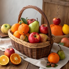 Variety of Fresh Fruits in Wicker Basket on Wooden Table with Warm Light