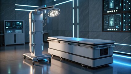 A modern medical examination room featuring advanced surgical equipment and a high-tech examination table.