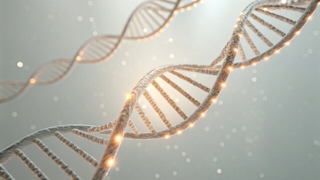 A glowing DNA double helix twists gracefully against a soft, blurred background, symbolizing genetics and the fundamental building blocks of life.