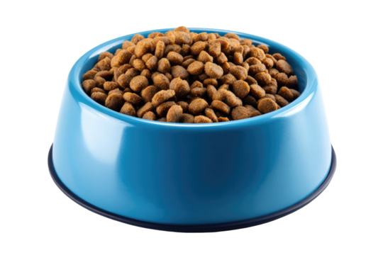 Blue bowl filled to the brim with small brown dry pet food pieces, shot against black