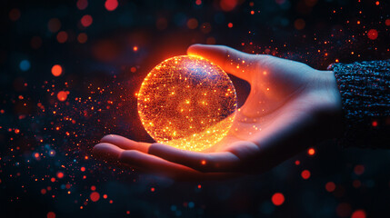 Woman’s hand gently interacts with a levitating glowing data sphere symbolizing technology connection and digital intelligence futuristic interface touch innovation and virtual interaction concept