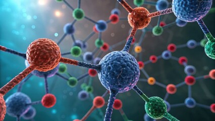 A vibrant illustration of molecular structures, showcasing atoms in various colors connected by bonds, representing scientific research and molecular biology.
