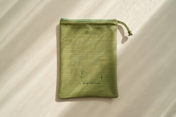 Small green woven pouch with drawstring closure
