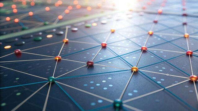 A close-up view of a digital network with interconnected nodes and glowing elements, showcasing a technological theme.
