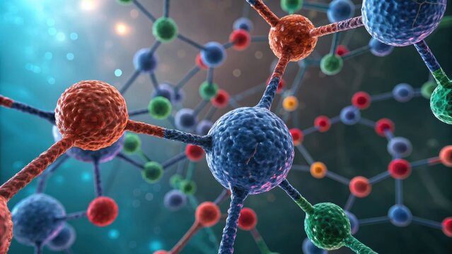 A vibrant illustration of molecular structures, showcasing atoms in various colors connected by bonds, representing scientific research and molecular biology.