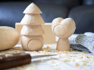 art toy wood carving cute wooden carved Basswood doll merry christmas tree and heart love happy valentine toy design art craft handmade decoration gift present hobby model sculpture selected focus