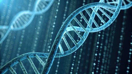 A close-up view of a DNA double helix structure, showcasing intricate details and glowing effects against a dark, textured background.