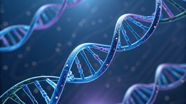 A vibrant visualization of a DNA double helix, showcasing its intricate structure and glowing effects against a dark background.