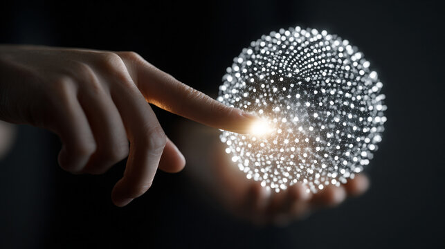 Woman's hand interacting with a levitating glowing data sphere emitting light and digital particles representing technology, innovation, futuristic interface, data visualization, and modern digital in
