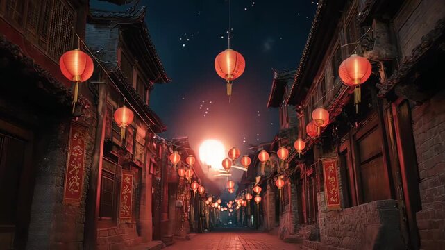 Traditional Chinese New Year Celebration with Lanterns and Fireworks at Night.