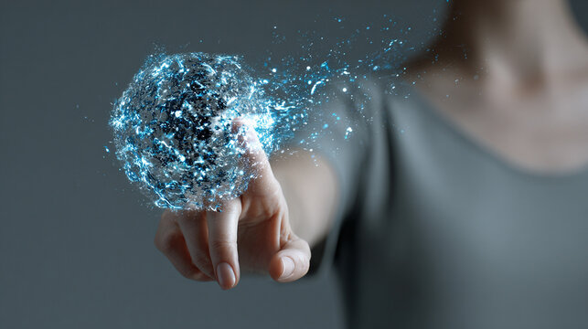 Woman's hand interacting with a levitating glowing data sphere emitting light and digital particles representing technology, innovation, futuristic interface, data visualization, and modern digital in - Powered by Adobe
