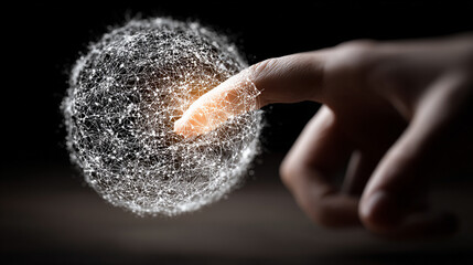 Woman's hand interacting with a levitating glowing data sphere emitting light and digital particles representing technology, innovation, futuristic interface, data visualization, and modern digital in