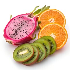 Sliced Dragon Fruit with Kiwi and Orange on White Background – Colorful Composition