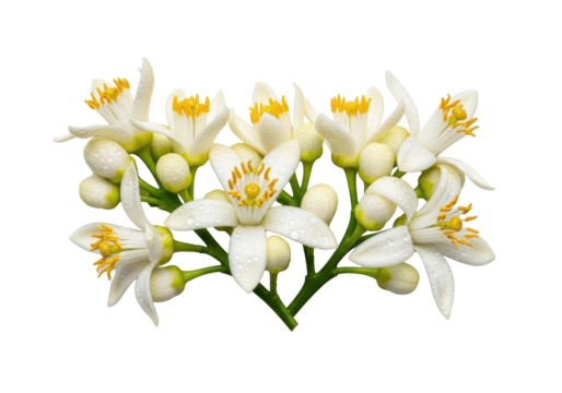 Fresh white orange blossoms, yellow anthers, green buds, and dew drops, on a pristine transparent background, 45-degree macro, high-key studio light, clean minimalist commercial concept