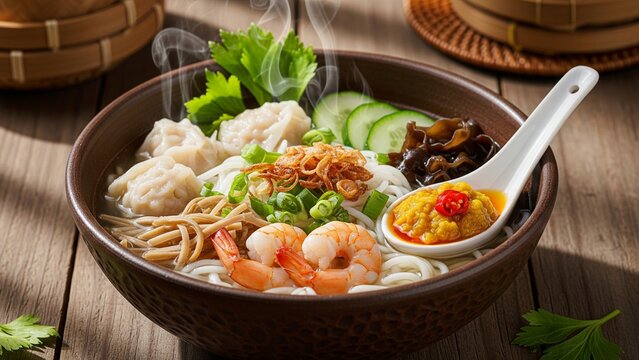 Tekwan or Fish Ball Soup, typical soup dish from Palembang, South Sumatera. It's homemade fish balls and vegetables in shrimp and fish broth.