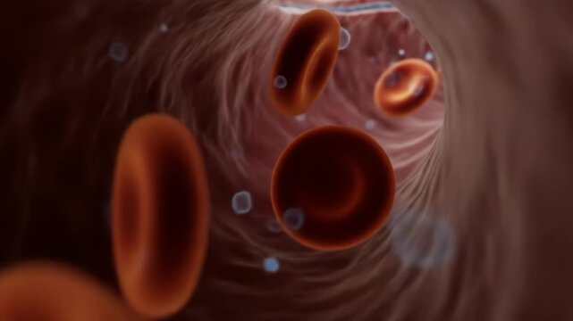 Vibrant 3D render of numerous red blood cells and platelets flowing inside a human vessel