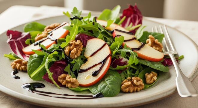 Fresh green salad with sliced apples, walnuts, and balsamic glaze on a white plate, ready to eat.