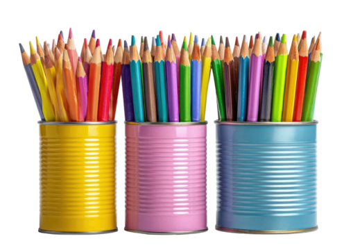 Colorful pencils stand upright in repurposed, painted metal containers, isolated on black