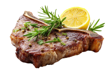 Juicy grilled steak with bone, rosemary, lemon, and peppercorns on a transparent backdrop